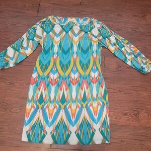 Calvin Klein Blue and White Sheath Dress with Bishop Sleeves Size Med